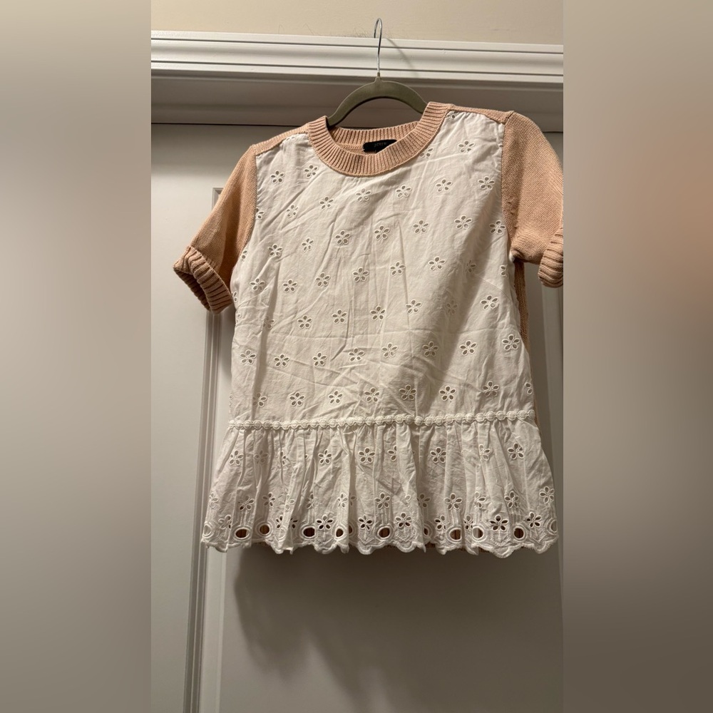 J. Crew White and Tan Eyelet Top